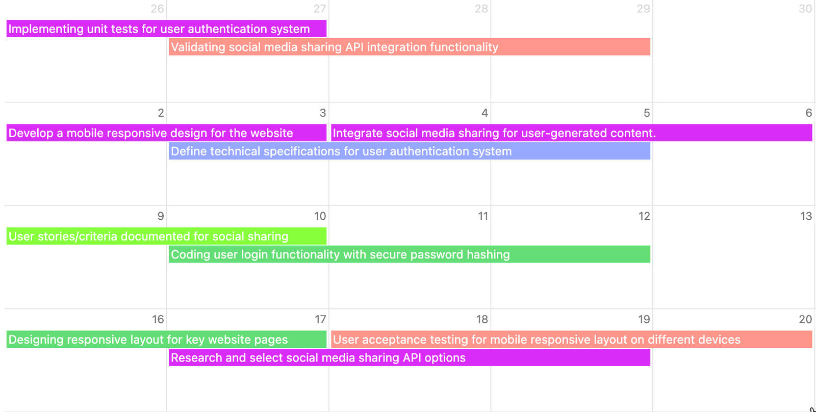 Software development calendar